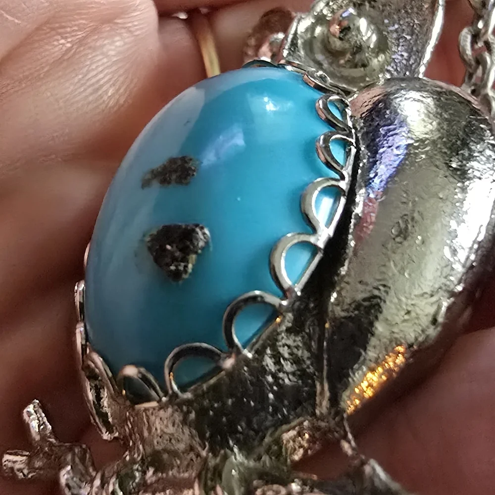 Vintage owl necklace silver tone turquoise blue color cabochon bird long